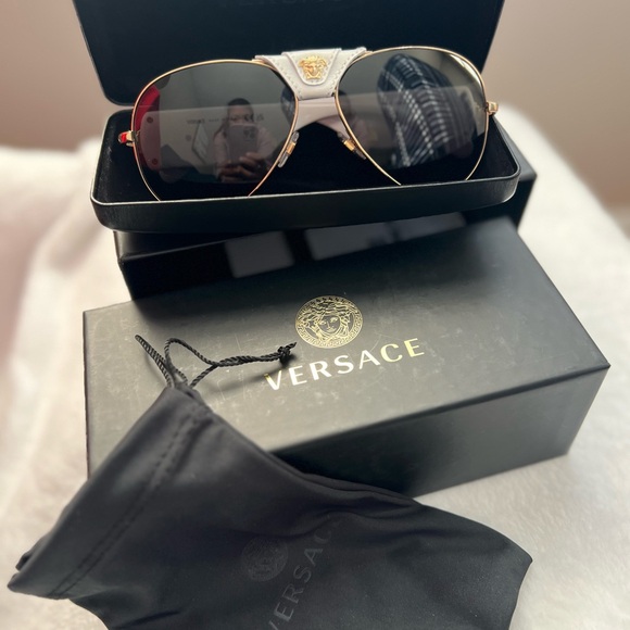 Versace Accessories - Versace Gold and Black Aviator Sunglasses.  Like new. Both hard/soft case incld.